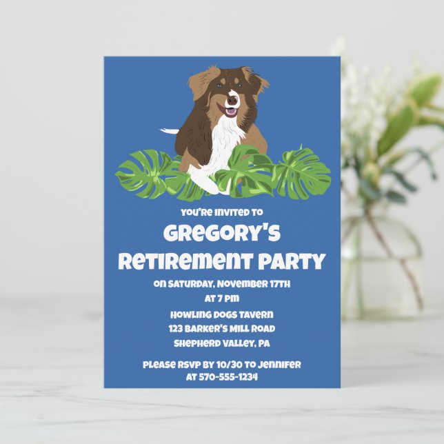 Invitation Australian Shepherd Tropical Feuille Party (Debout devant)