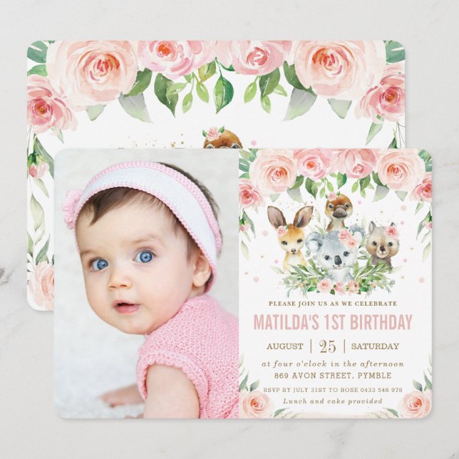 Invitation Australie Animaux Blush Floral Photo Anniversaire (Devant / Derrière)
