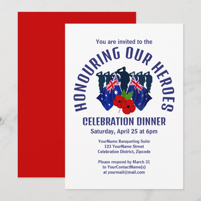 Invitation Australie Nouvelle-Zélande AC REMEMBRANCE Dîner (Devant / Derrière)