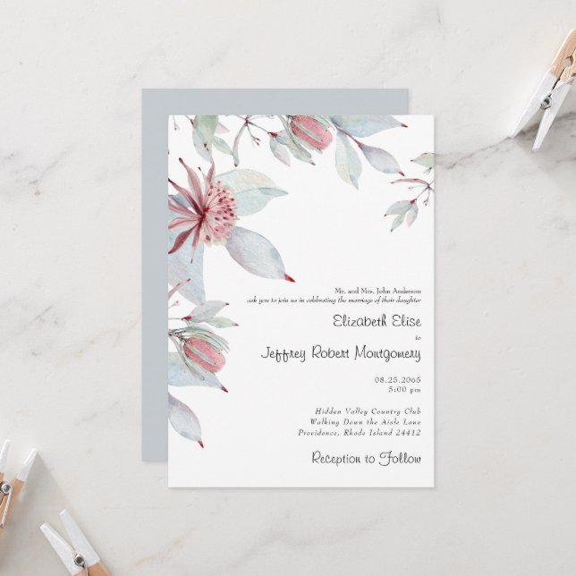 Invitation Australien Tropical Floral Dusty Blue Mariage (Devant/Arrière en situation)