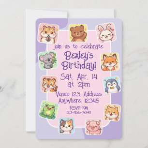 Invitation Autocollant d'animal Kawaii Rose Violet Anniversai