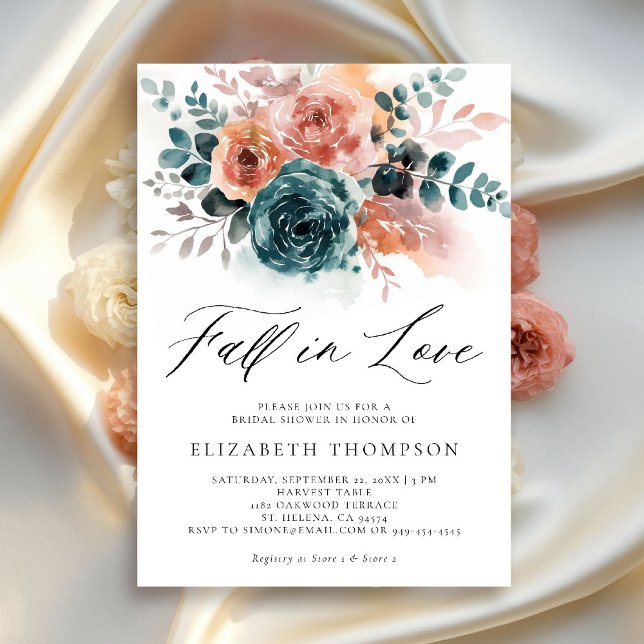 Invitation Automne Amour Turquoise Burnt Orange Fête des mari (fall in love bridal shower invitation burnt orange teal watercolor roses elegant classy backyard)