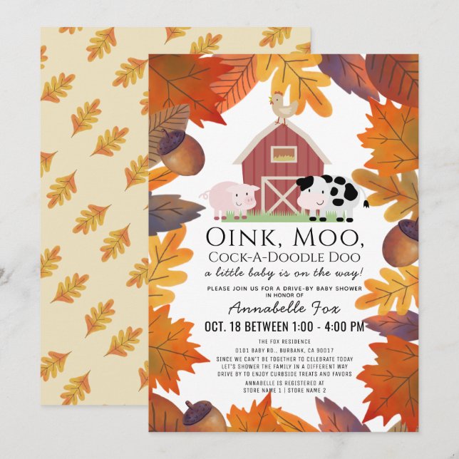 Invitation Automne Animaux de ferme Barnyard Baby shower Driv (Devant / Derrière)