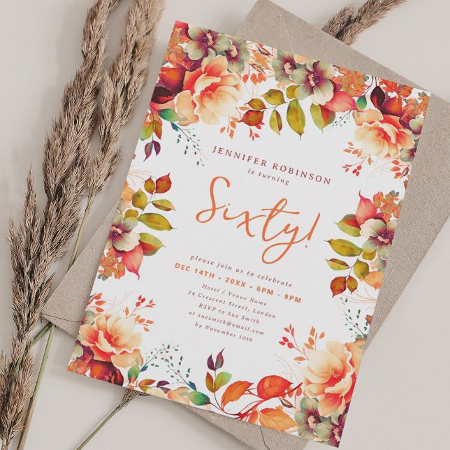 Invitation Automne Aquarelle d'automne Floral 60e anniversair (Fall Autumn Watercolor Floral 60th Birthday Invitation)
