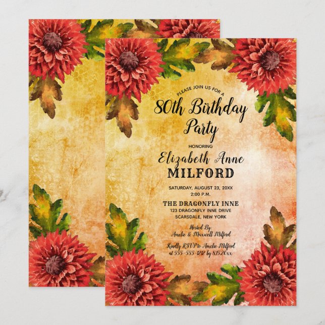 Invitation Automne Aquarelle Florale 80e fête d'anniversaire (Devant / Derrière)