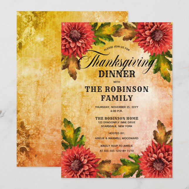 Invitation Automne Aquarelle Florale Mois Thanksgiving Dîner (Devant / Derrière)