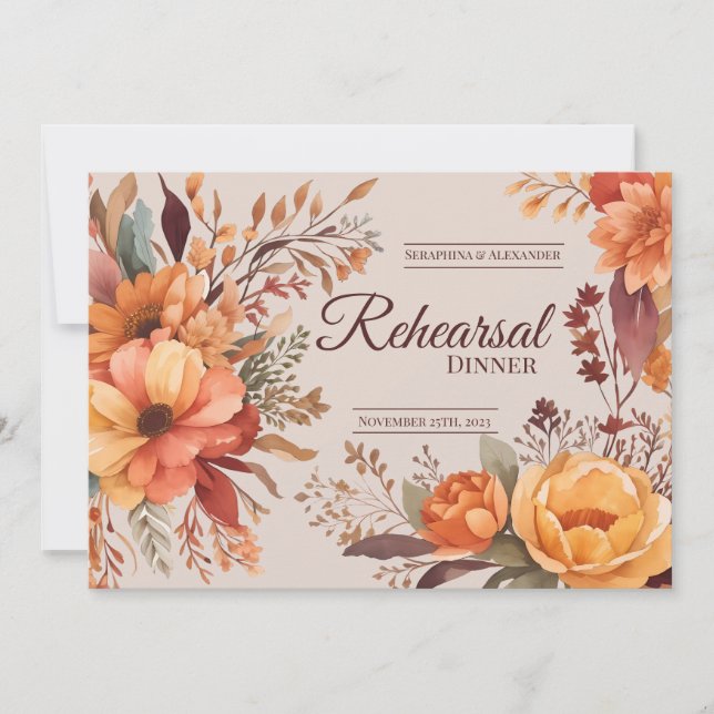 Invitation Automne Aquarelle Rustique Floral Dîner de répétit (Devant)