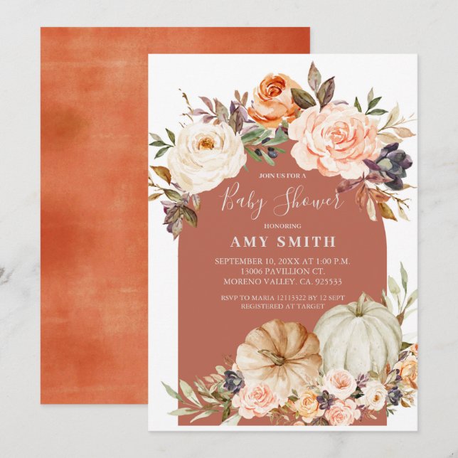 Invitation Automne Arc moderne Floral et Baby shower Citrouil (Devant / Derrière)