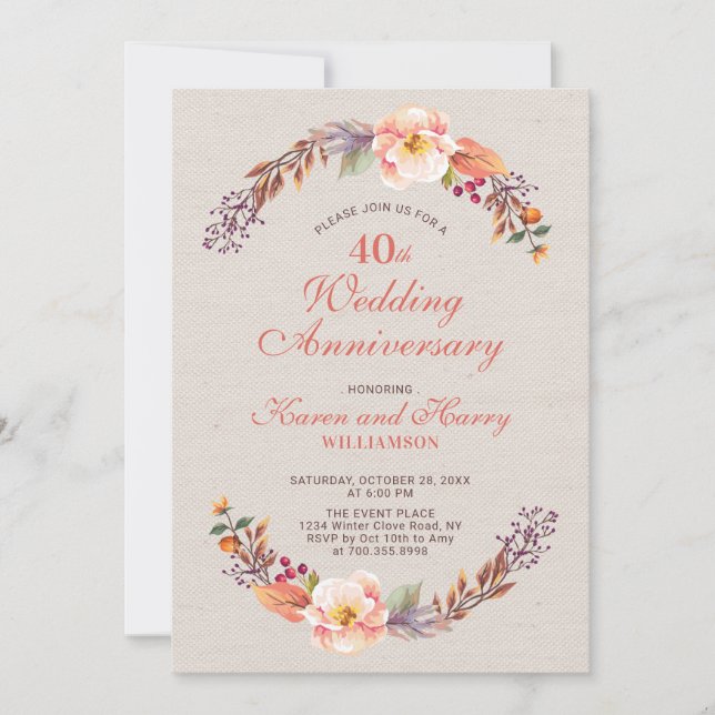 Invitation Automne/Automne Floral 40e anniversaire Mariage In (Devant)