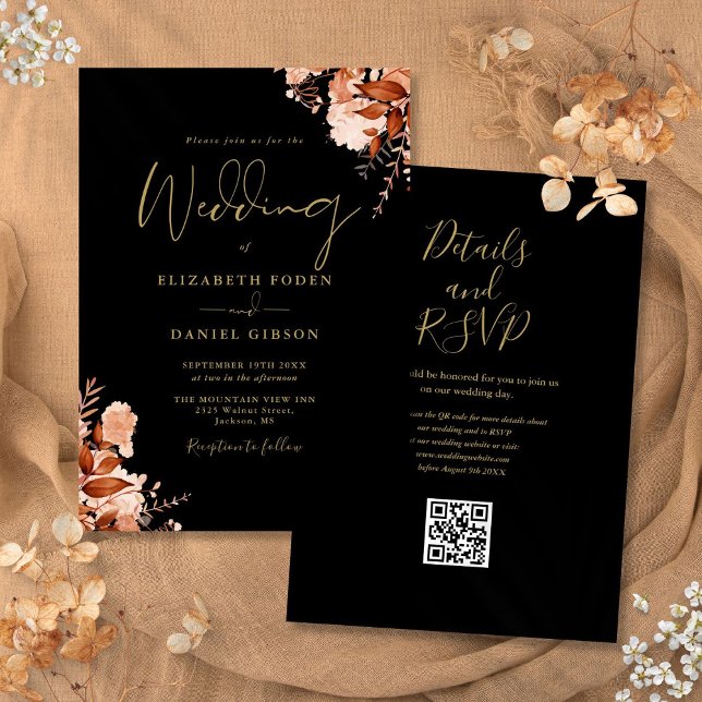 Invitation Automne Automne Noir Et Or Code QR Mariage (Autumn Fall Black And Gold QR Code Wedding Invitation)