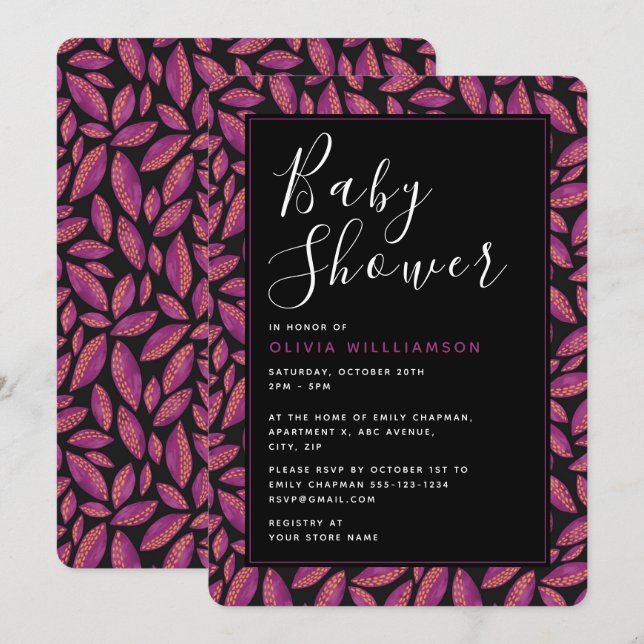 Invitation Automne Automne Purple Feuilles Baby shower Invita (Devant / Derrière)