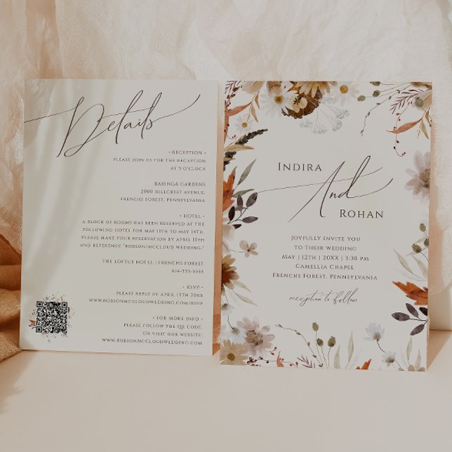 Invitation Automne Boho | Code QR beige tout en un Mariage (Créateur téléchargé)