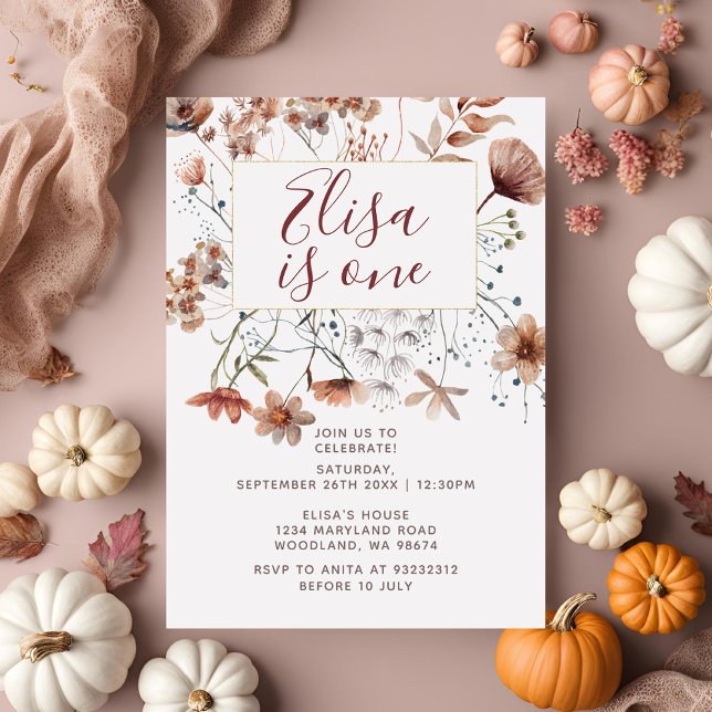 Invitation Automne Boho Fleurs sauvages 1er anniversaire fête (Créateur téléchargé)