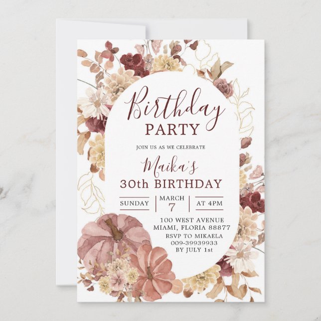 Invitation Automne Boho Floral Citrouille fête d'anniversaire (Devant)