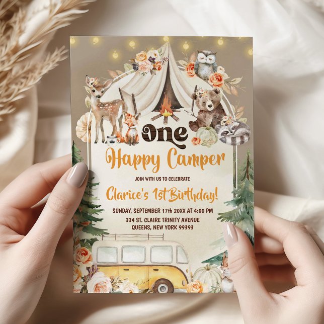 Invitation Automne Boho Forêt forestière Joyeux Camper Annive (Créateur téléchargé)