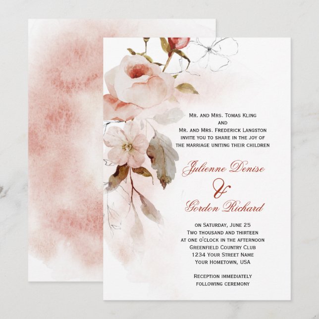 Invitation Automne Boho Marsala Burgudy Blush FlorMariage (Devant / Derrière)