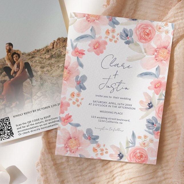 Invitation Automne boho noms floraux photo Qr code mariage (Créateur téléchargé)