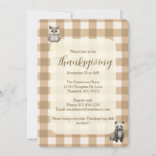 Invitation Automne Bois Animaux Brown En vichy Thanksgiving
