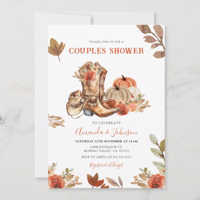 Invitation Automne Botte Florale Rustique Citrouille Couple D (Devant)