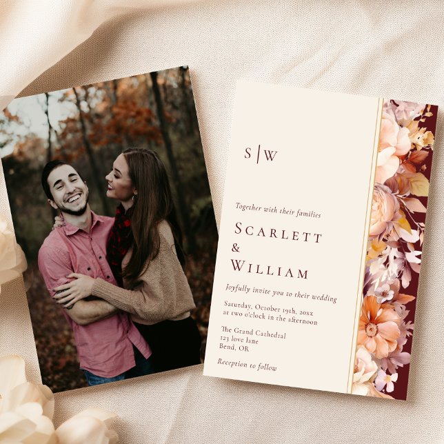 Invitation Automne Bourgogne Moderne Monogramme Mariage photo (Créateur téléchargé)