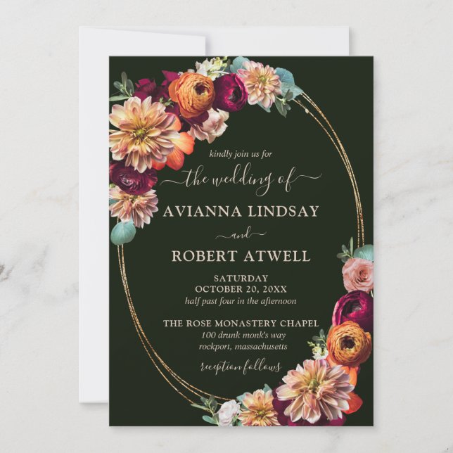 Invitation Automne Bourgogne Rouge Orange Blush Floral Mariag (Devant)