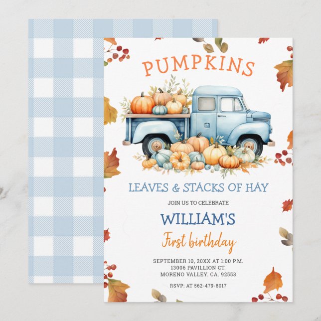 Invitation Automne Boy Citrouille Dusty camion bleu anniversa (Devant / Derrière)
