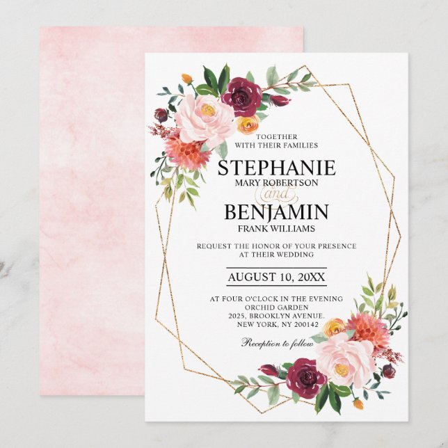 Invitation Automne Burgundy Blush Floral Mariage géométrique (Devant / Derrière)