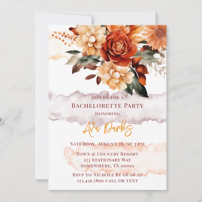 Invitation Automne Burgundy Orange Floral Bachelorette Party (Devant)