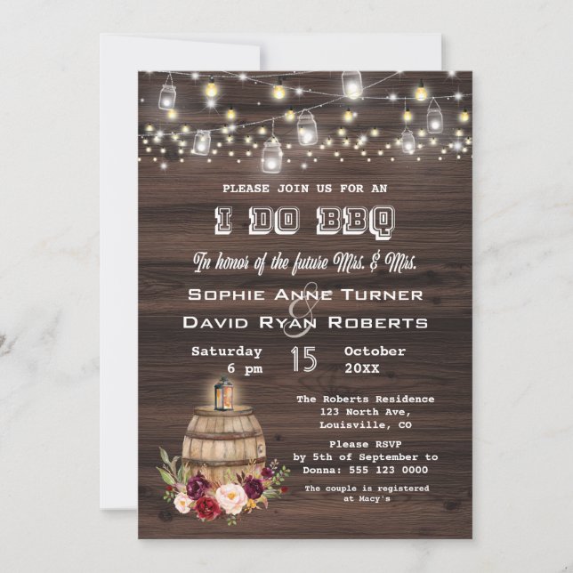 Invitation Automne Burgundy Vin Baril Floral I DO BBQ (Devant)