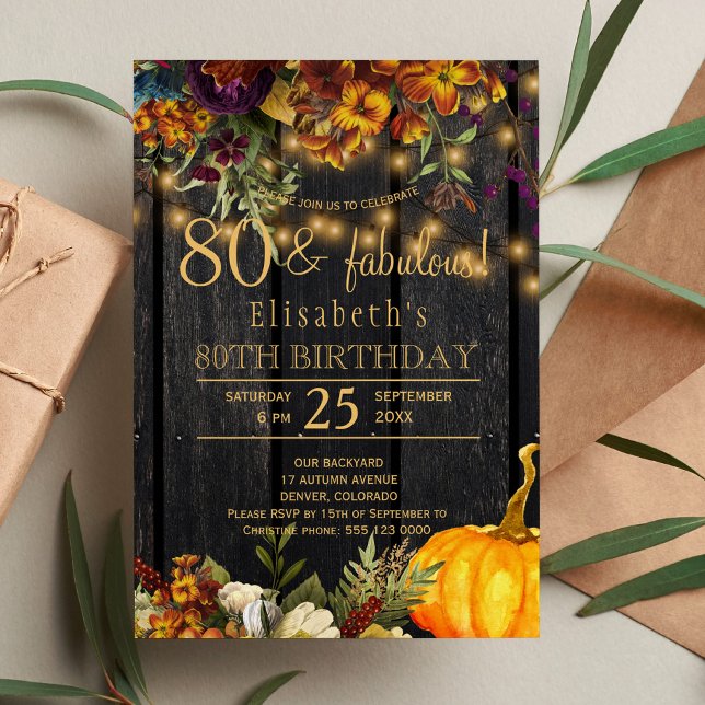 Invitation Automne chic floral rustique 80 ans fabuleux (Créateur téléchargé)
