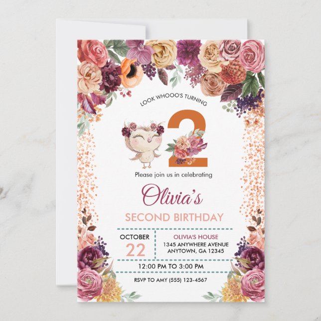 Invitation Automne Chouette florale Anniversaire (Devant)