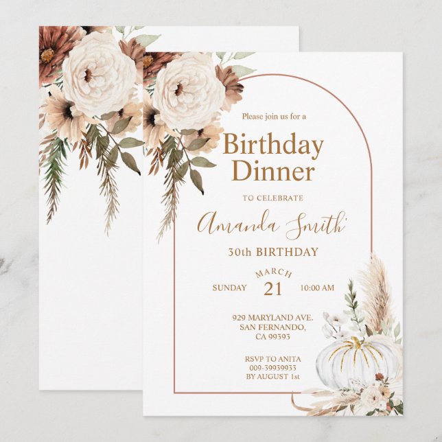 Invitation Automne Citrouille Boho Arch Floral Anniversaire 3 (Devant / Derrière)