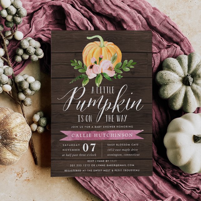 Invitation Automne Citrouille Bois et Baby shower rose Floral (Créateur téléchargé)