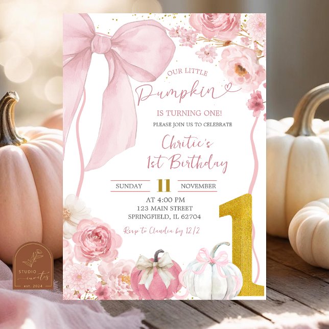 Invitation Automne Citrouille Bow rose Coquette Floral Annive (Créateur téléchargé)