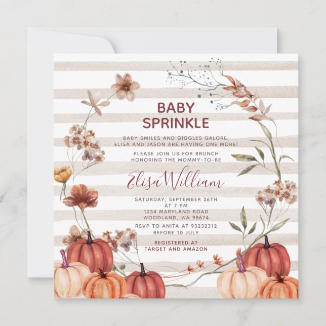 Invitation Automne Citrouille Fleurs sauvages Stripe Baby Spr (Devant)