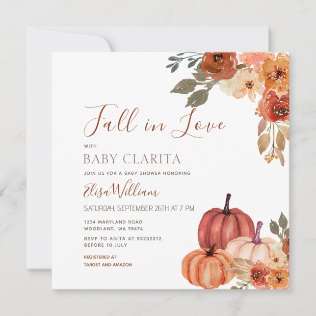 Invitation Automne Citrouille Floral Chute d'amour Baby showe (Devant)