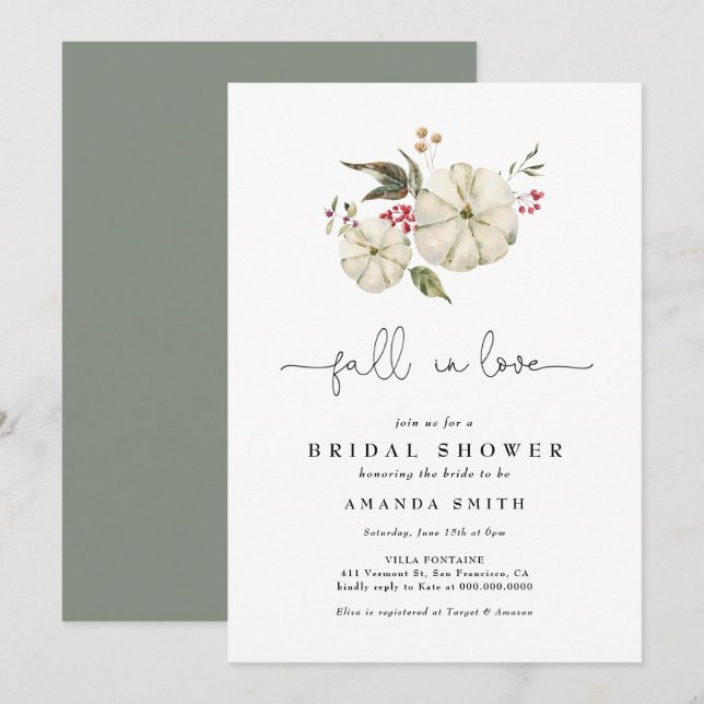 Invitation Automne Citrouille Floral Sage Fête des mariées ve (Devant / Derrière)