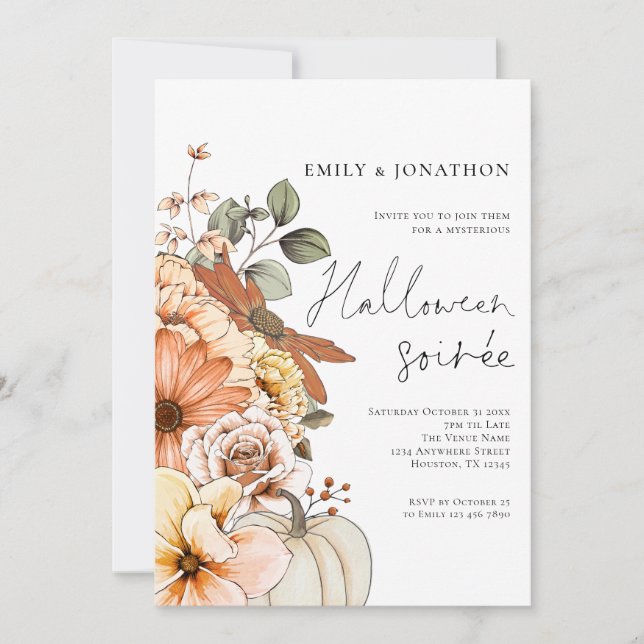 Invitation Automne Citrouille floral Script Halloween Party (Devant)