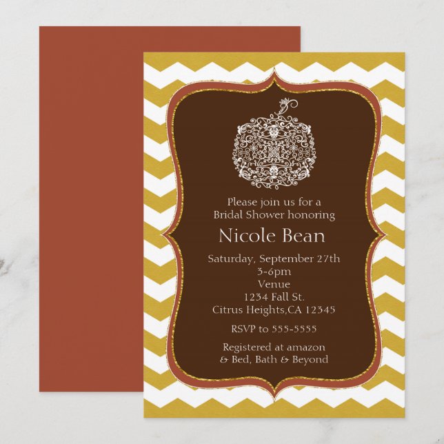 Invitation Automne Citrouille & Gold Chevron Elegant Invitati (Devant / Derrière)