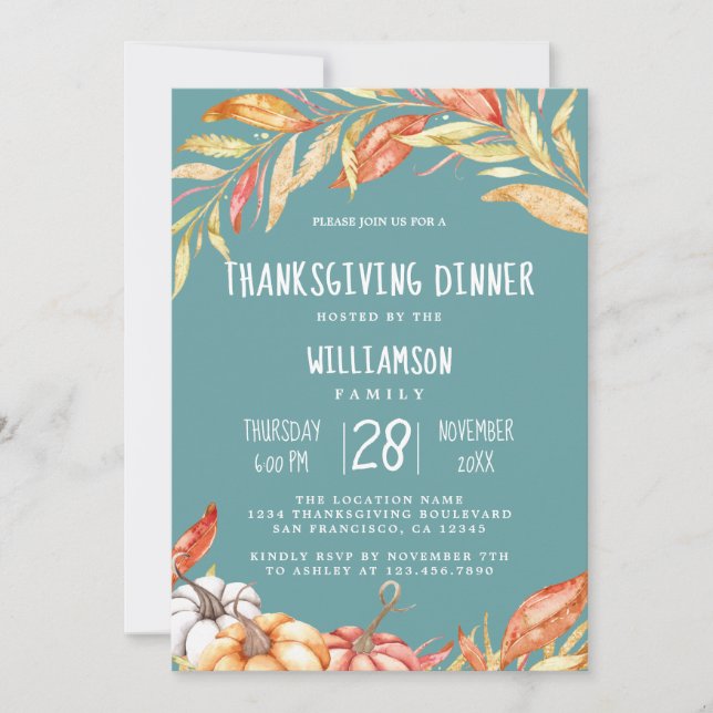 Invitation Automne Citrouille Golden Foliing Thanksgiving Dîn (Devant)