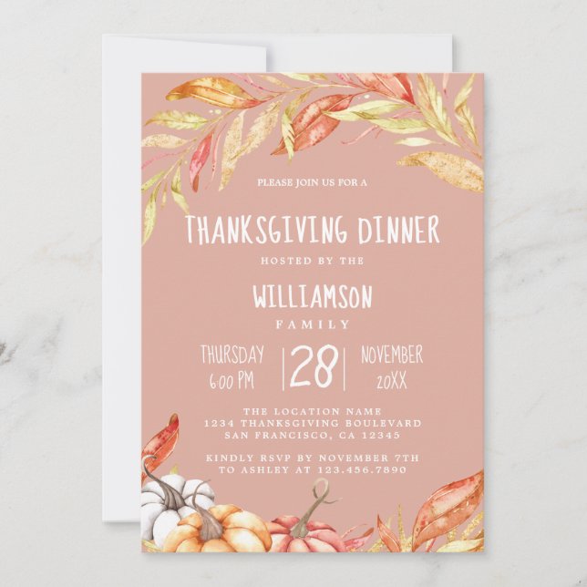 Invitation Automne Citrouille Golden Foliing Thanksgiving Dîn (Devant)