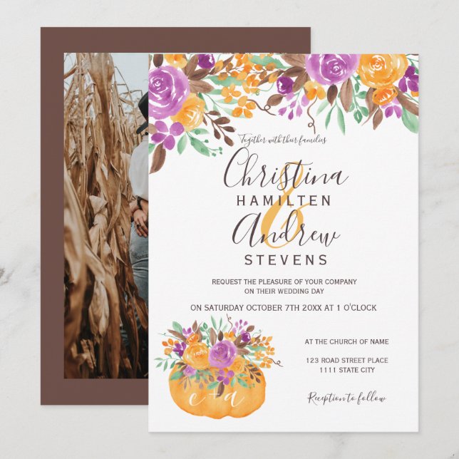 Invitation Automne citrouille  orangé photo mariage (Devant / Derrière)