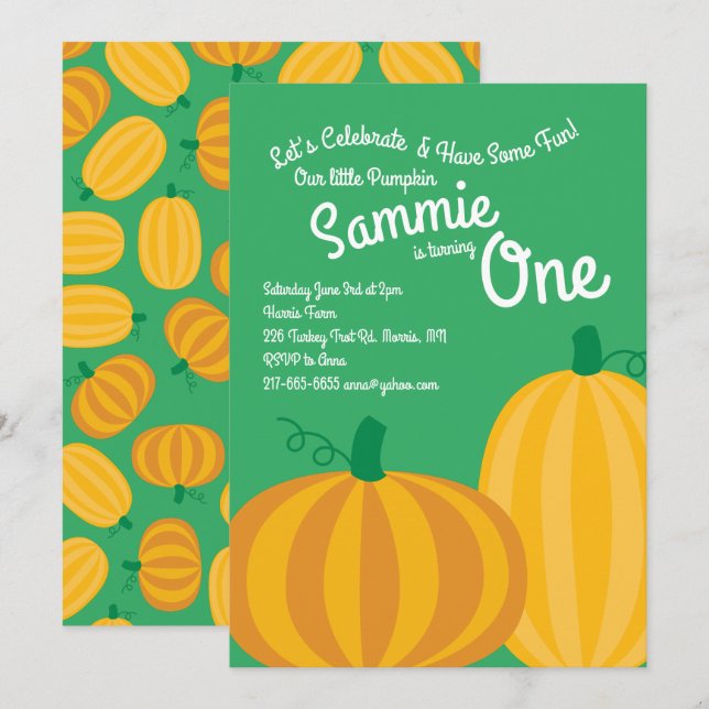 Invitation Automne Citrouille Patch 1er Anniversaire Invitati (Devant / Derrière)