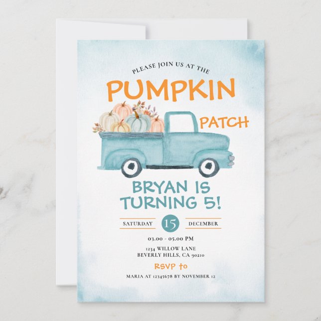 Invitation Automne Citrouille Patch Anniversaire Camion Autom (Devant)