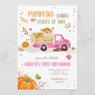 Invitation Automne Citrouille Pink Truck Orange Green Girl An