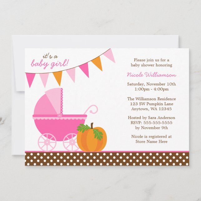 Invitation Automne Citrouille rose orange bannière Baby showe (Devant)