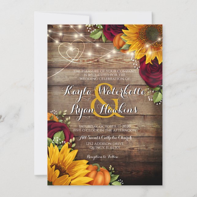 Invitation Automne Citrouille Rose Rustic Wood Lights Invitat (Devant)