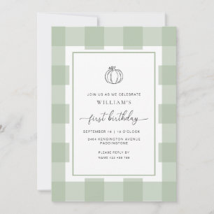 Invitation Automne Citrouille Sage En vichy 1er anniversaire 