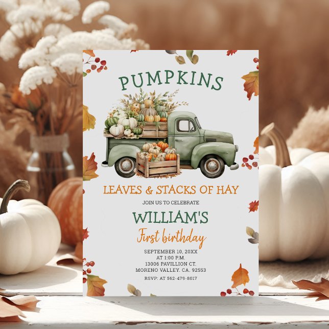 Invitation Automne Citrouille Sage Green Camion Anniversaire  (Créateur téléchargé)