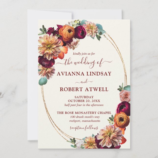 Invitation Automne Couleurs Bourgogne Orange Bleu Mariage Inv (Devant)